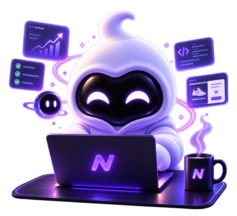 Nallo working on a laptop, surrounded by floating dashboards